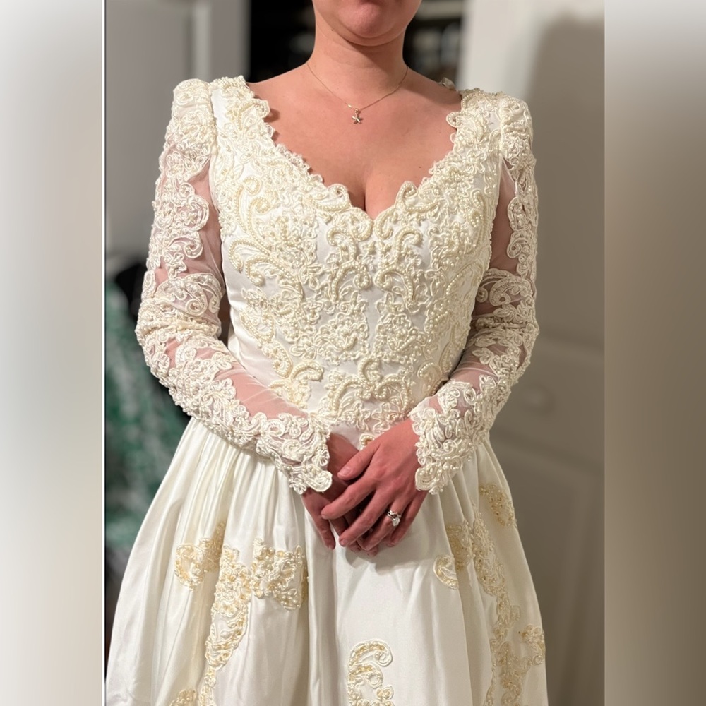 Wedding dress ivory satin w/ lace long sleeve, pearl beading & matching cape. S